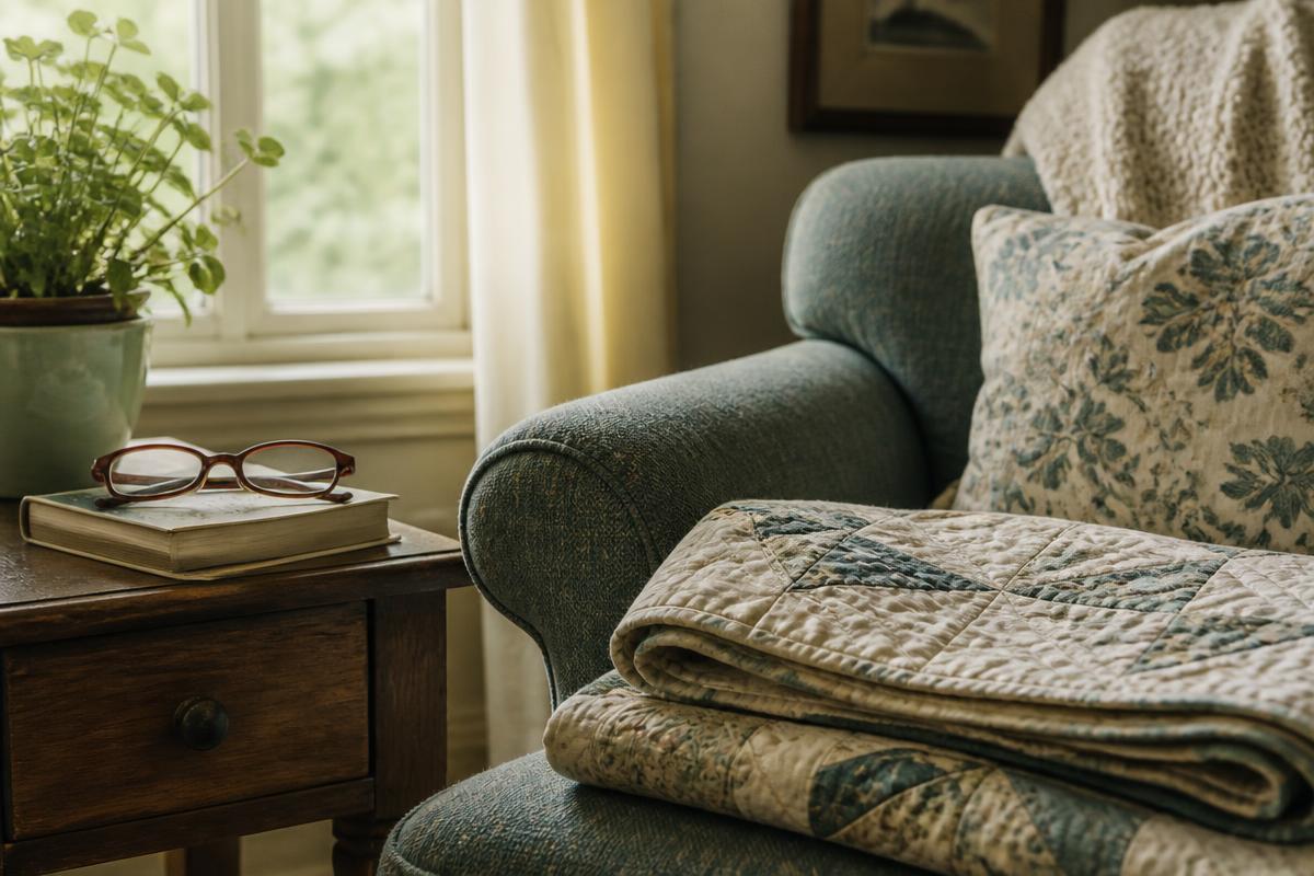 A quiet corner of a home: an armchair by a window with a folded quilt and reading glasses